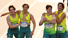 From left: Rohan Browning, Josh Azzopardi, Lachlan Kennedy and Calab Law after winning gold in the men’s 4x100m relay.