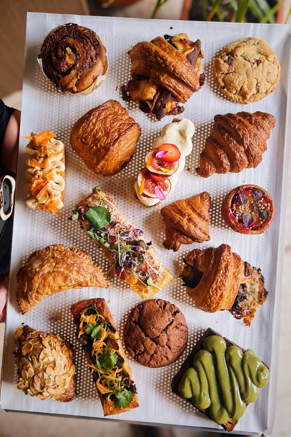 Assorted pastries at Core Roasters including pandan kaya croissant toast (bottom right).