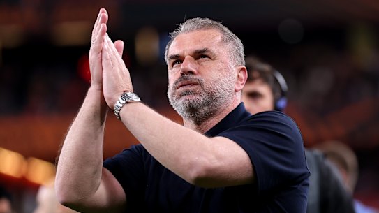 BILBAO, SPAIN - MAY 21: Ange Postecoglou, Manager of Tottenham Hotspur, reacts as he applauds the Tottenham Hotspur fans after his side’s victory in the UEFA Europa League Final 2025 between Tottenham Hotspur and Manchester United at Estadio de San Mames on May 21, 2025 in Bilbao, Spain. (Photo by Michael Steele/Getty Images)