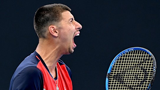 BRISBANE, AUSTRALIA - JANUARY 03: Alexei Popyrin of Australia celebrates after winning the first set in his match against Roman Safiullin of Russia during day four of the  2024 Brisbane International at Queensland Tennis Centre on January 03, 2024 in Brisbane, Australia. (Photo by Bradley Kanaris/Getty Images)