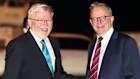 Australia’s ambassador to the United States, Kevin Rudd, greets Prime Minister Anthony Albanese on his arrival in Seattle on Saturday.