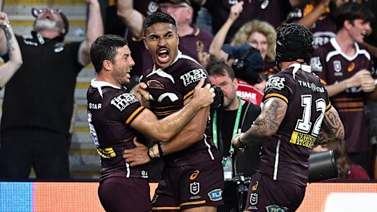 Brisbane Broncos celebrate during their preliminary final triumph of Penrith, the latest in their run of desperate great escapes.