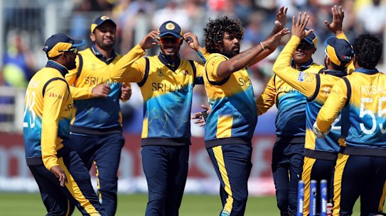 Hope dashed: Lasith Malinga celebrates with teammates after bowling Shai Hope.