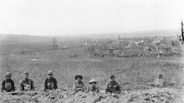 Soldiers in front of the village of Hamel, which was held by the Germans until Australian-led Allied forces took it back on July 4, 1918.