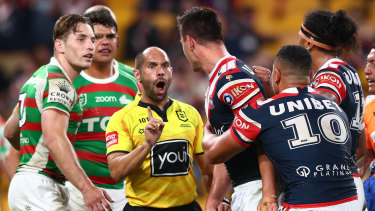 Roosters centre Joseph Manu confronts South Sydney’s Latrell Mitchell after the hit that broke his cheekbone.