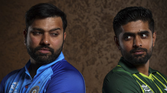 Opposing captains Rohit Sharma (Indian) and Babar Azam (Pakistan).