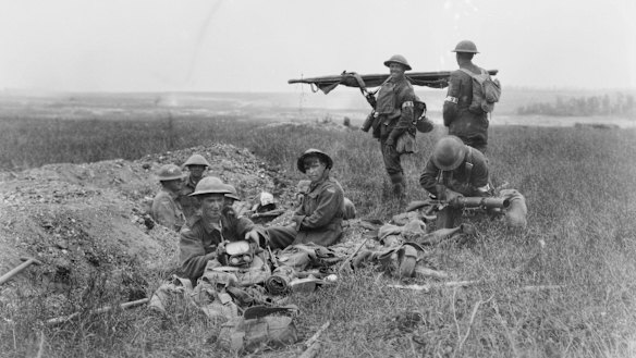 American and Australian stretcher bearers working together in the front line area during the Battle of Hamel.