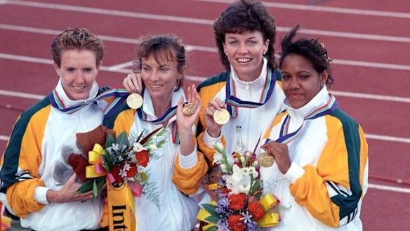 Cathy Freeman (right) with 4x100m relay gold at the 1990 Commonwealth Games in Auckland. With her are Monique Dunstan, Kathy Sambell and Kerry Johnson.