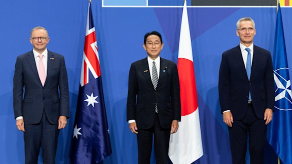 Prime Minister Anthony Albanese, Japanese Prime Minister Fumio Kishida and NATO Secretary-General Jens Stoltenberg at last year’s NATO summit.