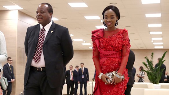 King Mswati III of eSwatini, formerly Swaziland, and his wife arriving at the Russia-Africa summit in the Black Sea resort of Sochi, Russia in 2019.
