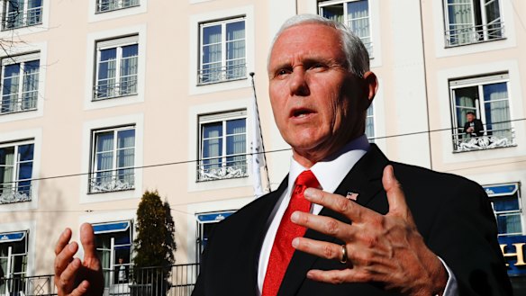 United States Vice-President Mike Pence briefs the media during the Munich Security Conference in Munich, Germany, on Saturday.