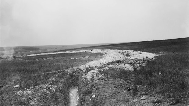 A view of Pear Trench and the slope over which the Australians and Americans advanced on the morning of 4 July 1918, in the battle of Hamel. 