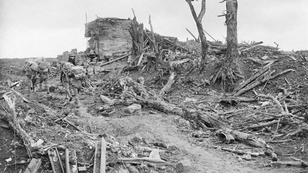 Australian soldiers amid the devastation of Pozieres.