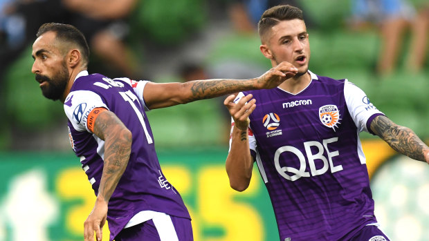 Perth Glory's Diego Castro celebrates after his goal against Melbourne City.
