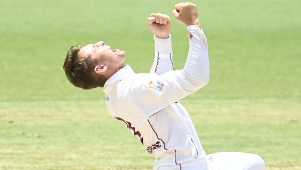 Marnus Labuschagne celebrates a wicket against Tasmania on Saturday.