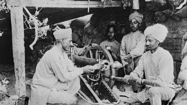 A group of unidentified Indian gunners near the 1st Battalion's rest camp at the foot of White's Valley, Gallipoli Peninsula.