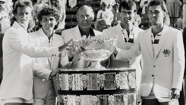 Peter McNamara with Paul McNamee, Neale Fraser, John Fitzgerald, Pat Cash and the 1986 Davis Cup.