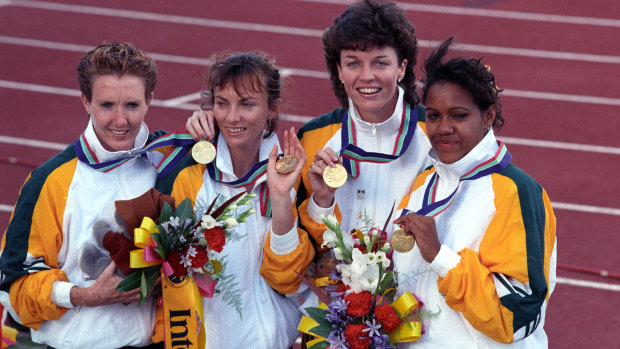 Cathy Freeman (right) with 4x100m relay gold at the 1990 Commonwealth Games in Auckland. With her are Monique Dunstan, Kathy Sambell and Kerry Johnson.