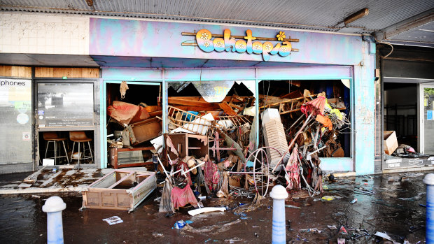 Businesses on Keen Street downtown Lismore destroyed by floodwaters after they reached the top floor of the buildings.