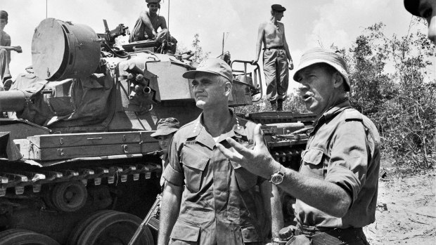 US military commander General William Westmoreland, left, speaks with 3RAR's Lieutenant-Colonel Jim Shelton in Vietnam's Bien Hoa province in 1968.