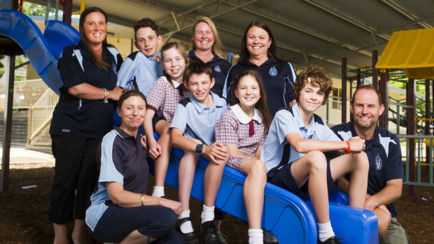 Roll call: Tracy Mowlam, Belinda Breen, Annie McArthur, Katherine Austin, and Ben Sweeney, (Kids from left) Nathaniel Mowlam, Lindsay McArthur, Hayden Breen, Amelia Austin, and Rhys Sweeney at St Clares of Assisi Primary School.