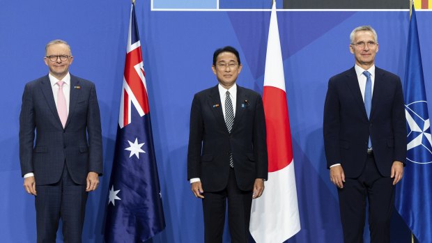 Prime Minister Anthony Albanese, Japanese Prime Minister Fumio Kishida and NATO Secretary-General Jens Stoltenberg at last year’s NATO summit.