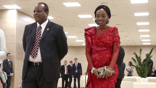 King Mswati III of eSwatini, formerly Swaziland, and his wife arriving at the Russia-Africa summit in the Black Sea resort of Sochi, Russia in 2019.