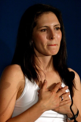 Lauren Burns at a press conference after her Olympic gold medal was stolen from her home. 