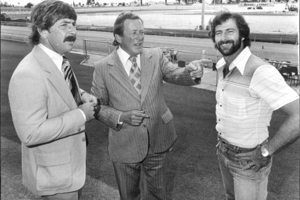 World Series cricketers Rod Marsh and Dennis Lillee with Brian Treasure, the group’s administrative controller, at Gloucester Park, Perth, in 1977.
