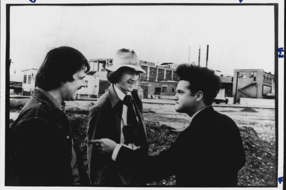 David Lynch (middle) directs Jack Nance (right) as Henry Spencer in Eraserhead.