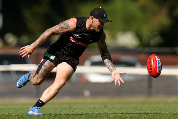 Jordan De Goey trains with the Magpies in January.