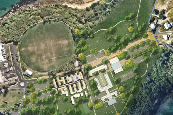 An image supplied by the Harbour Trust shows the timber barracks buildings that will be demolished to create an open public space to the right of Middle Head Oval.
