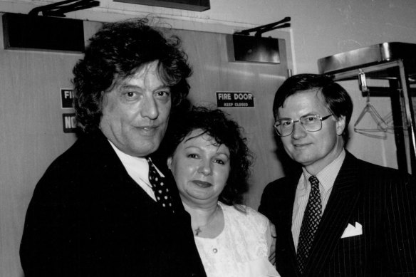 Tom Stoppard (left) backstage, with director Gale Edwards and then NSW arts minister Peter Collins at the opening night of Arcadia in Sydney in June, 1994.
