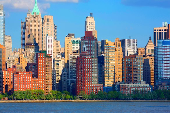 The unmistakable skyline of New York’s  Lower Manhattan viewed from the Hudson River.