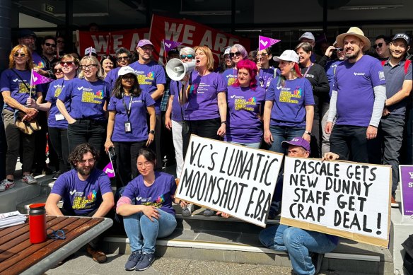 Striking staff held signs lashing the vice chancellor’s new ensuite.