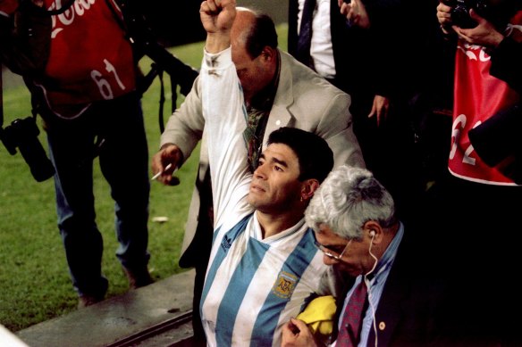 Diego Maradona celebrates after Argentina sealed qualification for the 1994 World Cup.