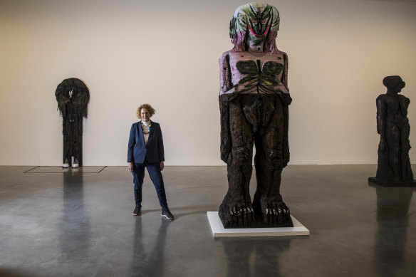 MCA director Liz Ann Macgregor with works by Huma Bhabha for the Biennale of Sydney. 