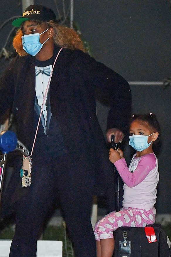 Serena Williams with her daughter Alexis Olympia Ohanian Jr. arrives at Adelaide Airport.