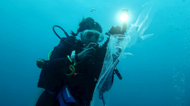 Latika Bourke swims among plastic in the Banda Sea at Wakatobi Marine Park in Indonesia.