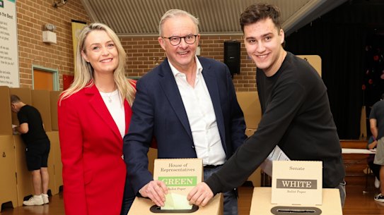 Jodie Haydon, Prime Minister Anthony Albanese and Nathan Albanese vote at the Marrickville West Public School in Sydney on Saturday.