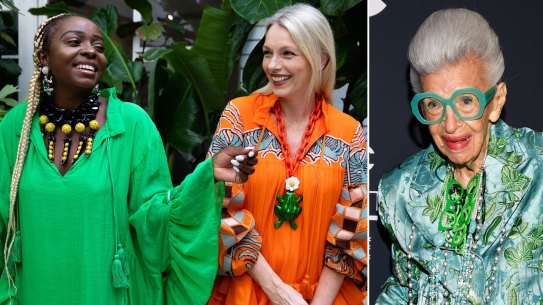 Rebecca Churn and Suzan Mutesi modelling the Iris Apfel x H&M collection celebrating senior style in Sydney; Iris Apfel, 100 in New York.