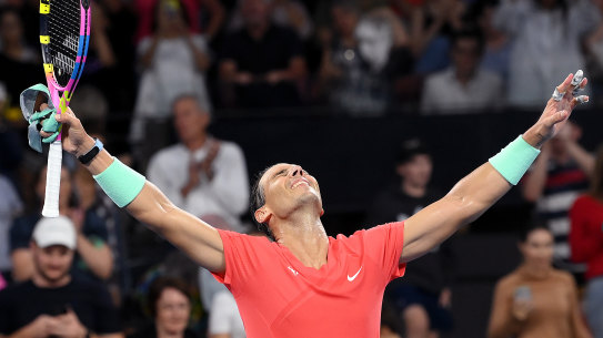An elated Rafael Nadal celebrates his dominant win over Dominic Thiem.
