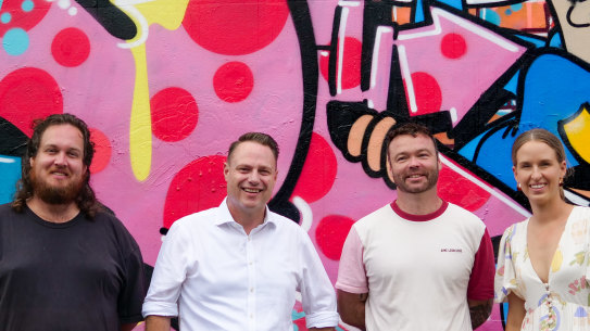 (From left to right) Brisbane artist Matt Tervo, lord mayor Adrian Schrinner, muralist Fintan Magee and councillor for Doboy Ward Lisa Atwood at the launch of Brisbane’s second legal public art wall.