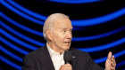 President Joe Biden speaks during a campaign event in Los Angeles.