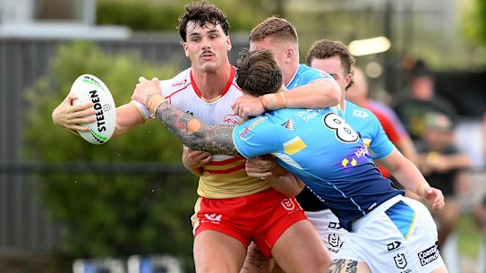 Herbie Farnworth during the Dolphins’ pre-season hit-out against Gold Coast Titans at Sunshine Coast Stadium on Sunday.