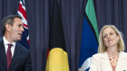 Treasurer Jim Chalmers and Finance Minister Katy Gallagher at Wednesday’s MYEFO press conference at Parliament House. 