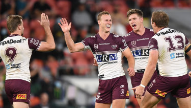 Daly Cherry-Evans lands the match-winning field goal for Manly on Friday night. 
