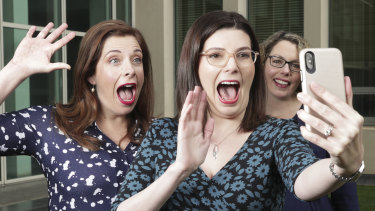 Pregnant federal Labor politicians Anika Wells, Marielle Smith, and Alicia Payne speak with Kate Thwaites, who is also pregnant, via FaceTime during the week of Parliament sitting with video links.