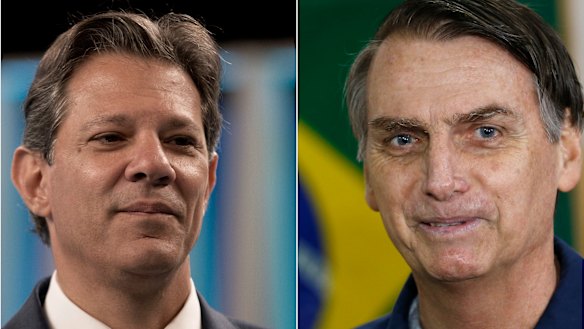 Fernando Haddad, left, has accused Jair Bolsonaro, right, defaming him via fake news.