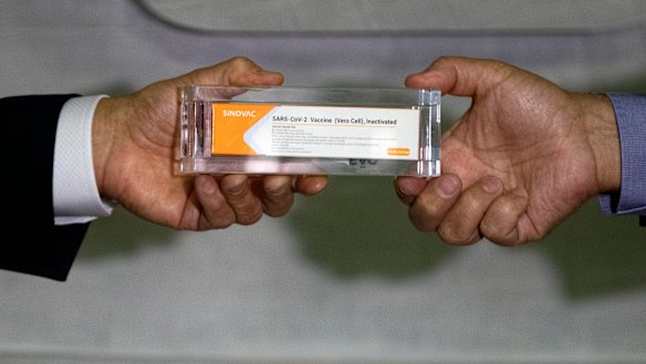 A box of an experimental COVID-19 vaccine that is being tested in Brazil in partnership with China's pharmaceutical company Sinovac.